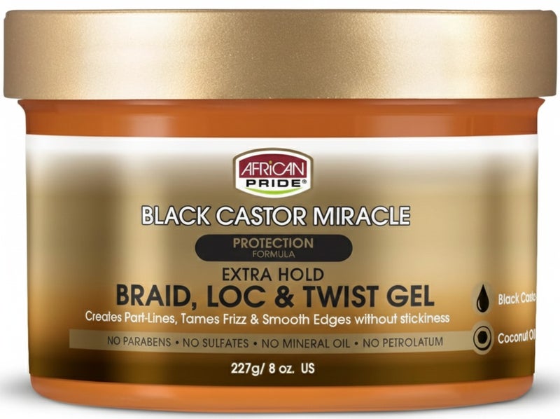 African Pride Black Castor Miracle Extra Hold Braid, Loc & Twist Gel 227g – Strong Hold Styling Gel | With Black Castor Oil | No Flaking